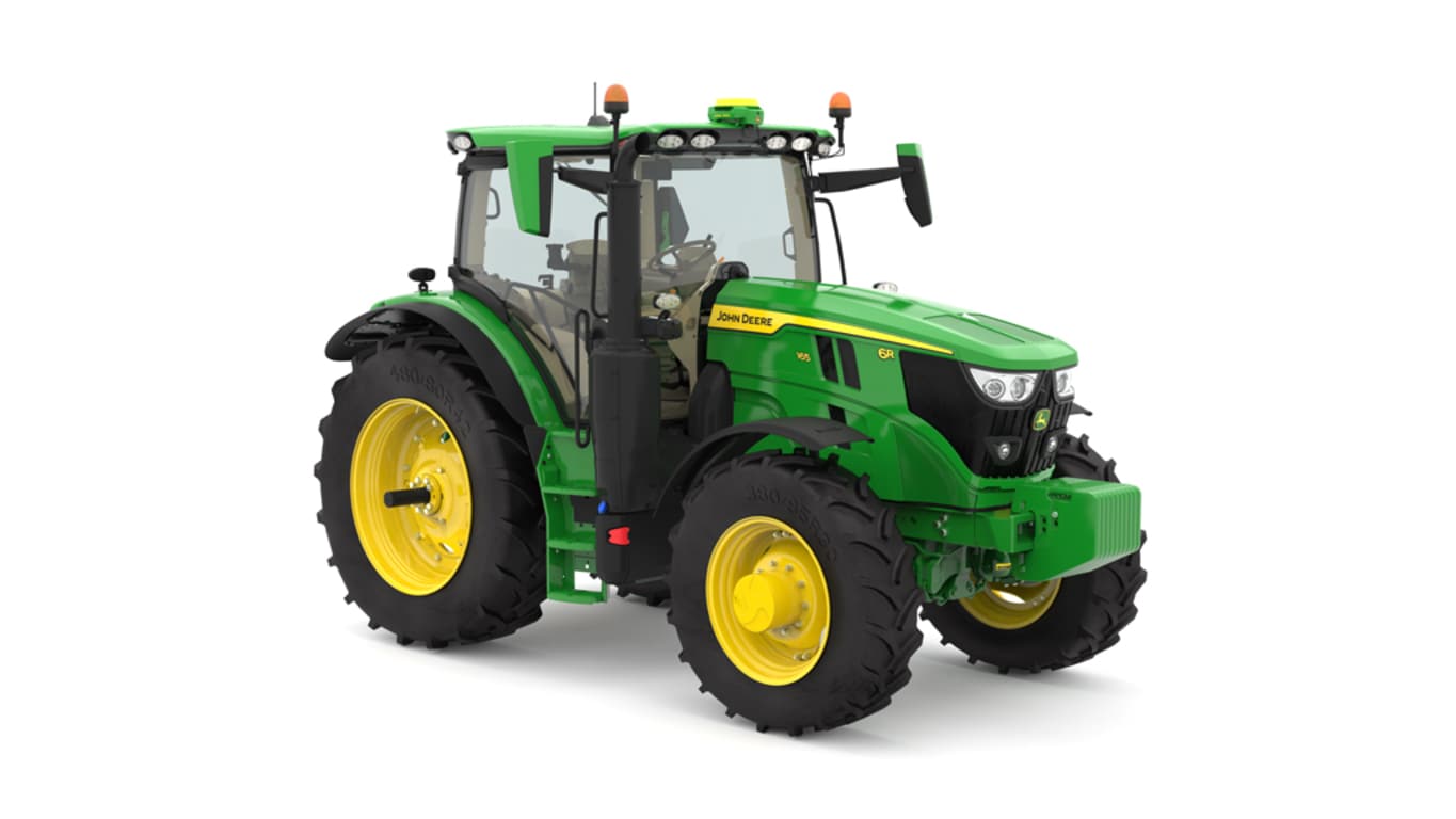 Image prise en studio vu de l'avant droit d'un tracteur pour culture en lignes R6 165 vert.
