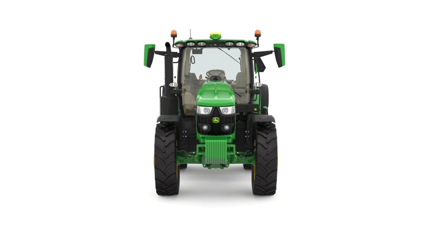 Studio image of the front side view of a green R6 165 Row Crop Tractor.