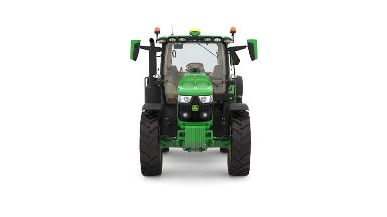 Studio image of the front side view of a green R6 165 Row Crop Tractor.