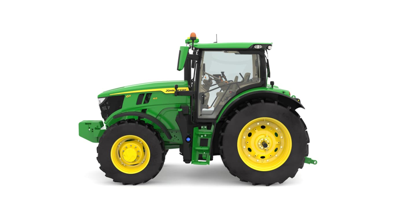 Studio image of the left side view of a green R6 165 Row Crop Tractor.