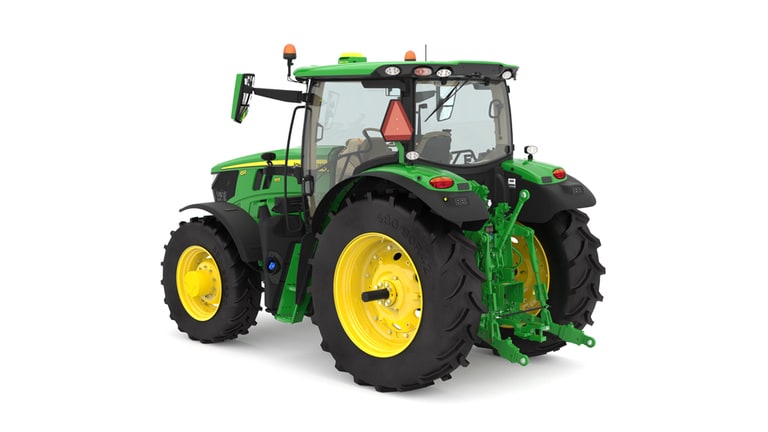 Studio image of the rear left side view of a green R6 165 Row Crop Tractor.