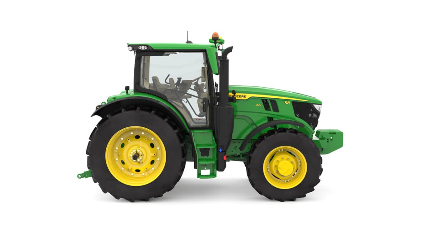 Studio image of the right side view of a green R6 165 Row Crop Tractor.