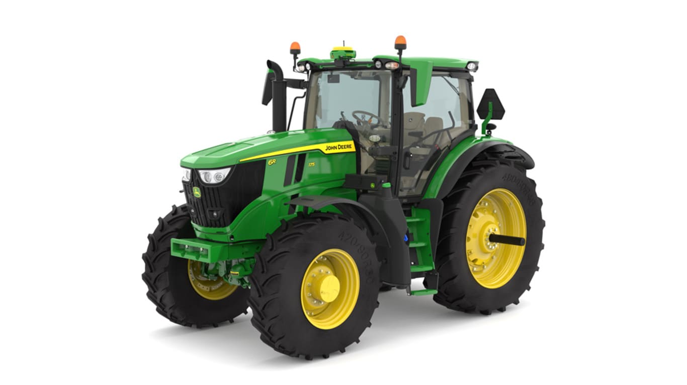 Studio image of the front left side view of a green 6R 175 Row Crop Tractor.