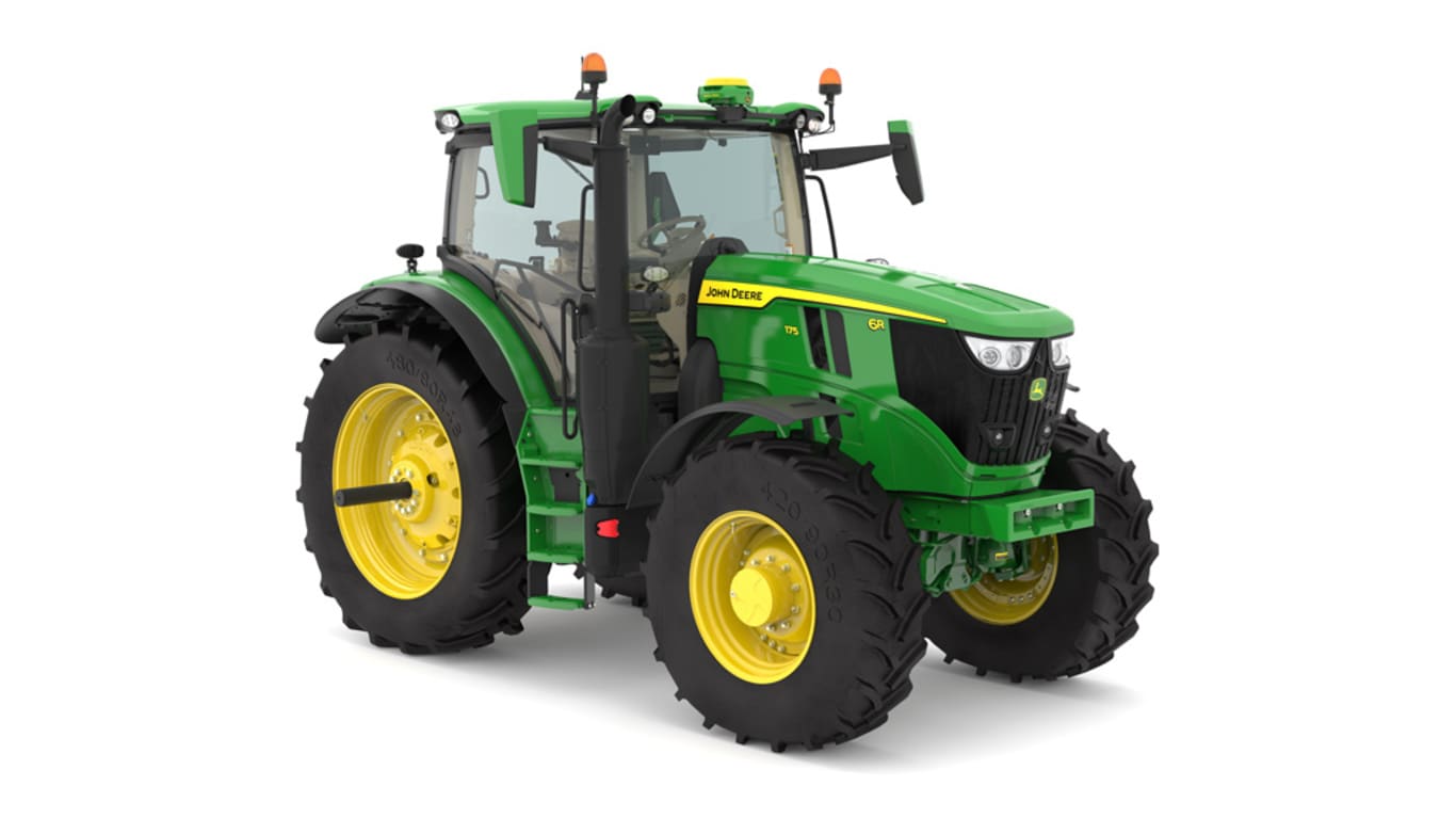 Image prise en studio vu de l'avant droit d'un tracteur pour culture en lignes 6R 175 vert.