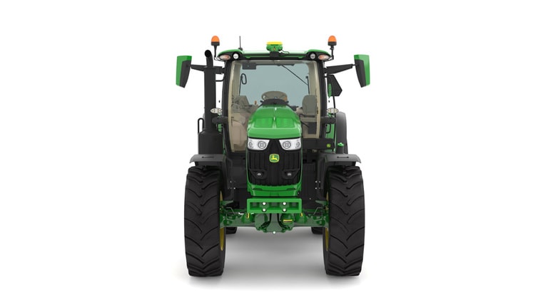 Studio image of the front side view of a green 6R 175 Row Crop Tractor.