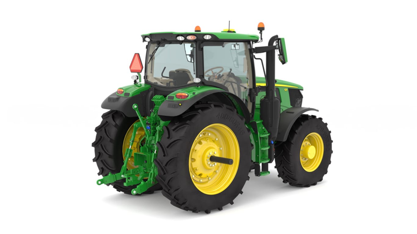 Studio image of the rear right side view of a green 6R 175 Row Crop Tractor.