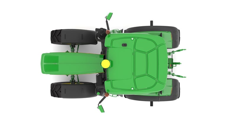 Studio image of the top side view of a green 6R 175 Row Crop Tractor.