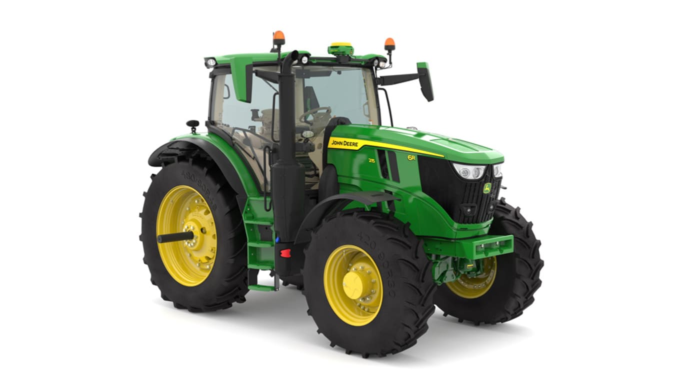 Image prise en studio vu de l'avant droit d'un tracteur pour culture en lignes 6R 215 vert.