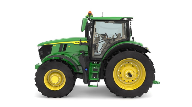 Studio image of the left side view of a green 6R 215 Row Crop Tractor.