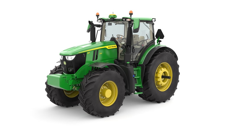 Studio image of the front left side view of a green 6R 230 Utility Tractor.