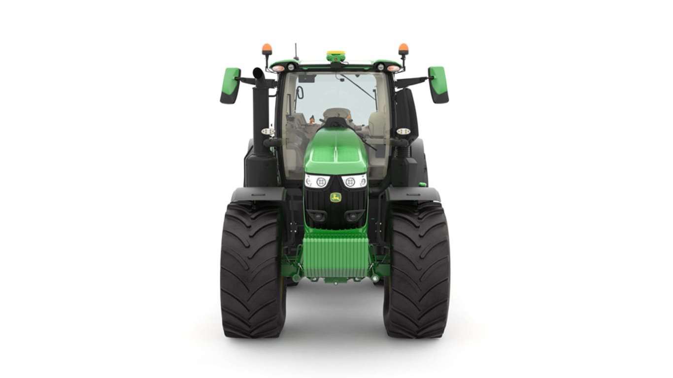 Studio image of the front side view of a green 6R 230 Utility Tractor.