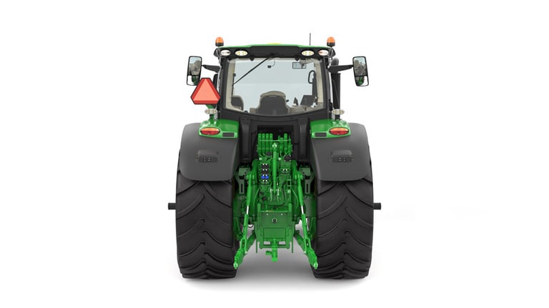 Studio image of the rear side view of a green 6R 230 Utility Tractor.
