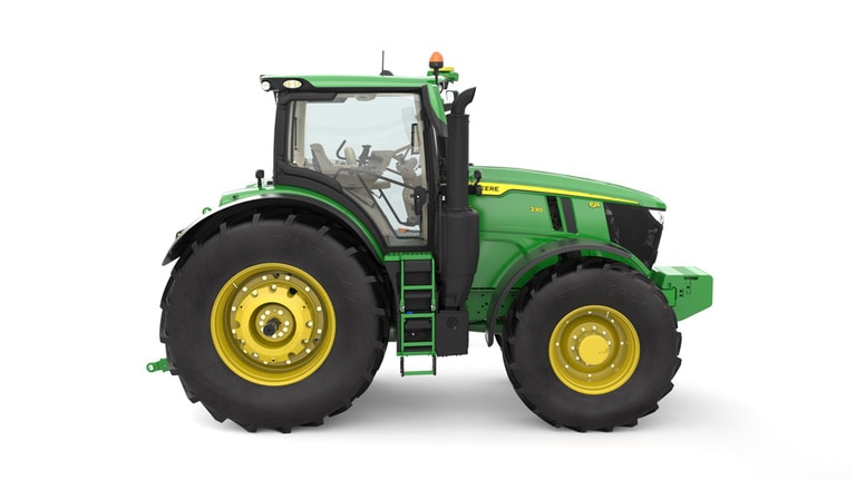 Studio image of the right side view of a green 6R 230 Utility Tractor.