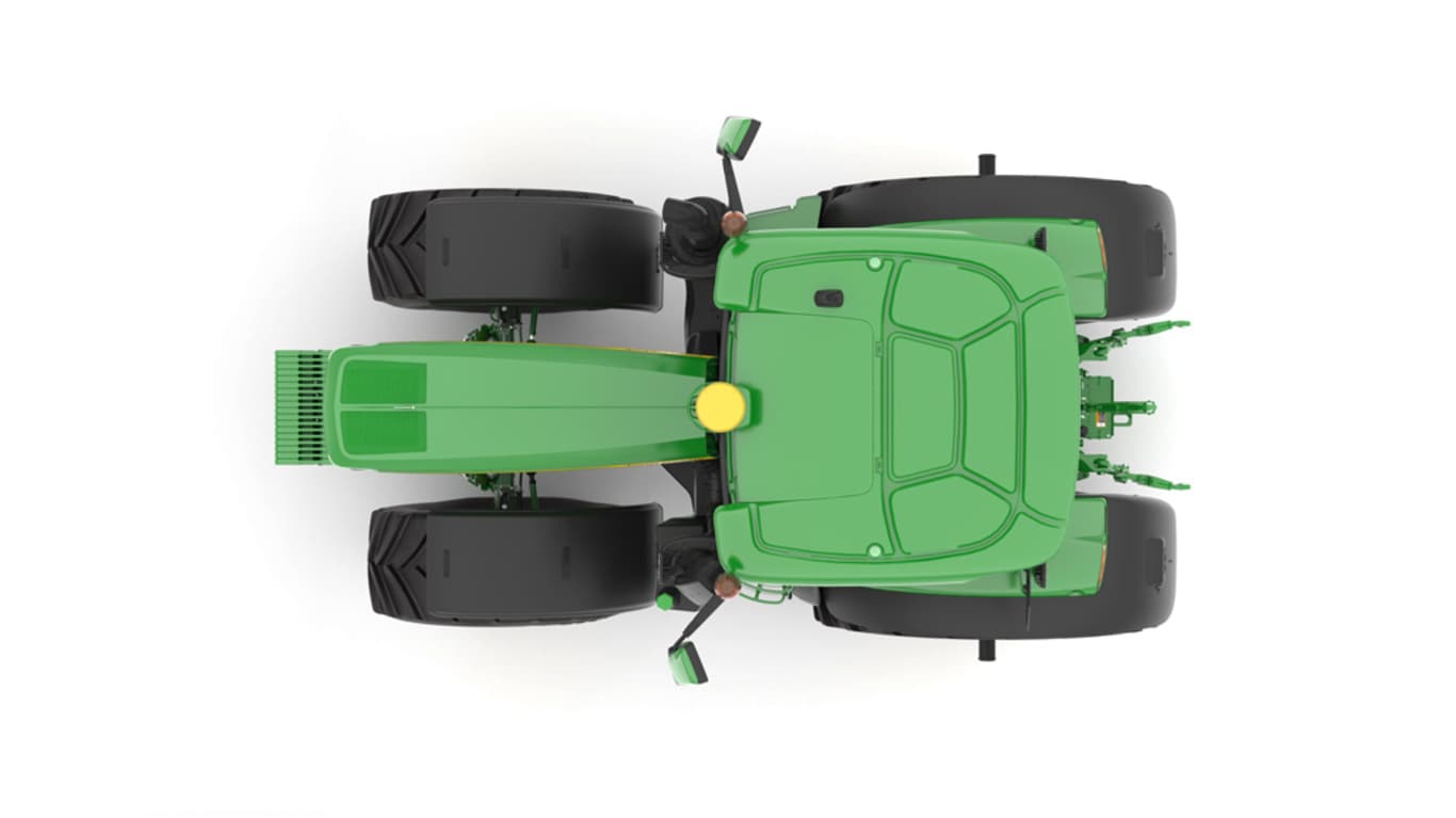 Studio image of the top view of a green 6R 230 Utility Tractor.
