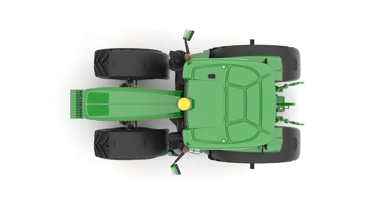 Studio image of the top view of a green 6R 230 Utility Tractor.