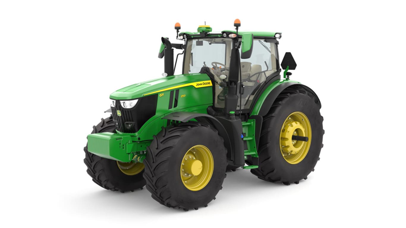 Studio image of the front left side view of a green 6R 250 Utility Tractor.