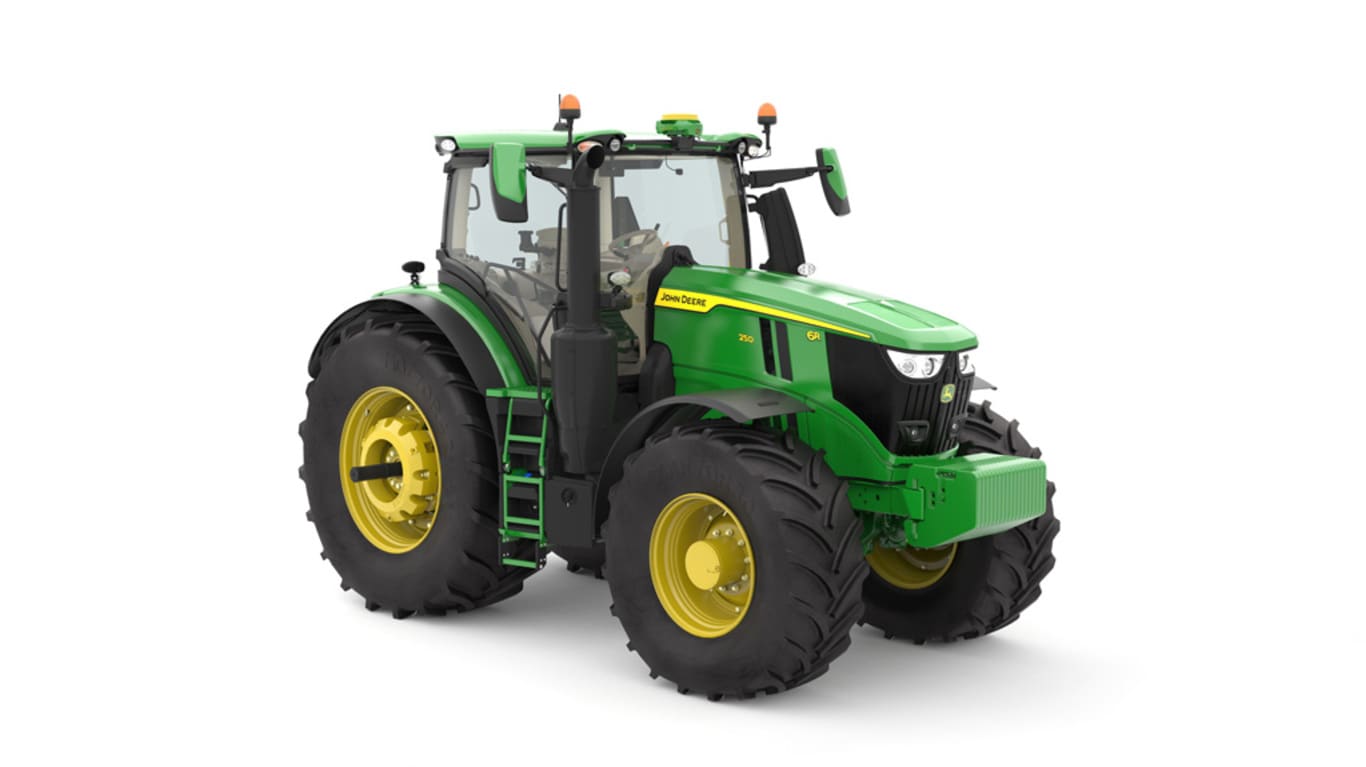 Image prise en studio vu de l'avant droit d'un tracteur utilitaire 6R 250 vert.