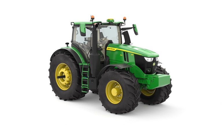 Studio image of the front right side view of a green 6R 250 Utility Tractor.