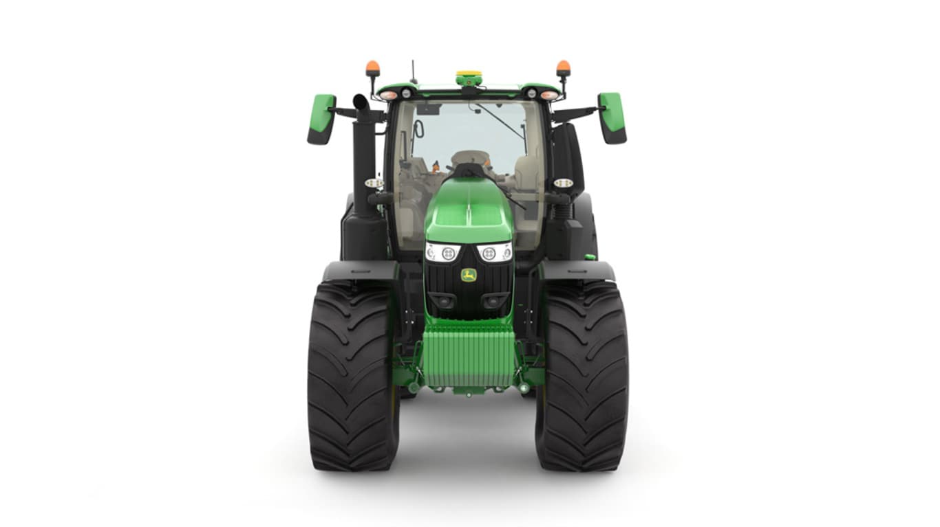 Studio image of the front side view of a green 6R 250 Utility Tractor.