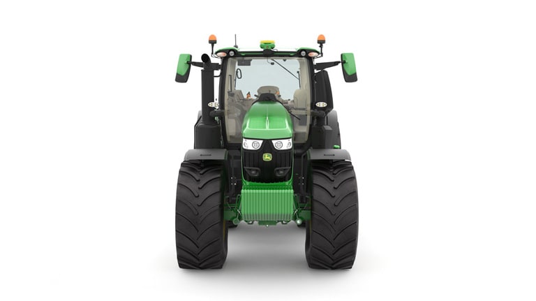 Studio image of the front side view of a green 6R 250 Utility Tractor.