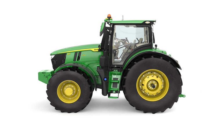 Studio image of the left side view of a green 6R 250 Utility Tractor.