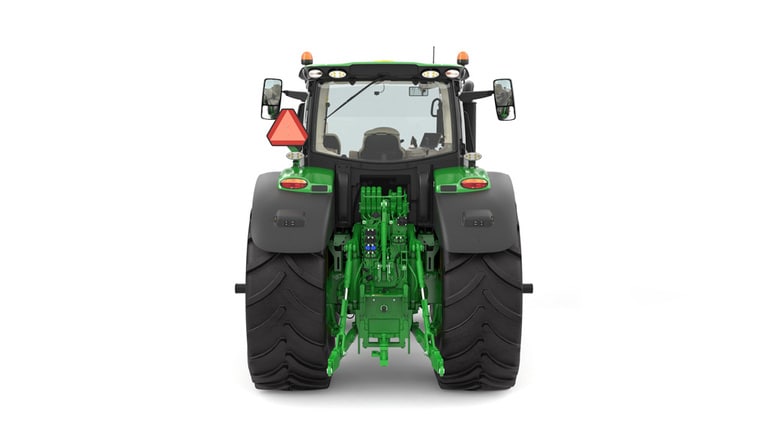 Studio image of the rear side view of a green 6R 250 Utility Tractor.