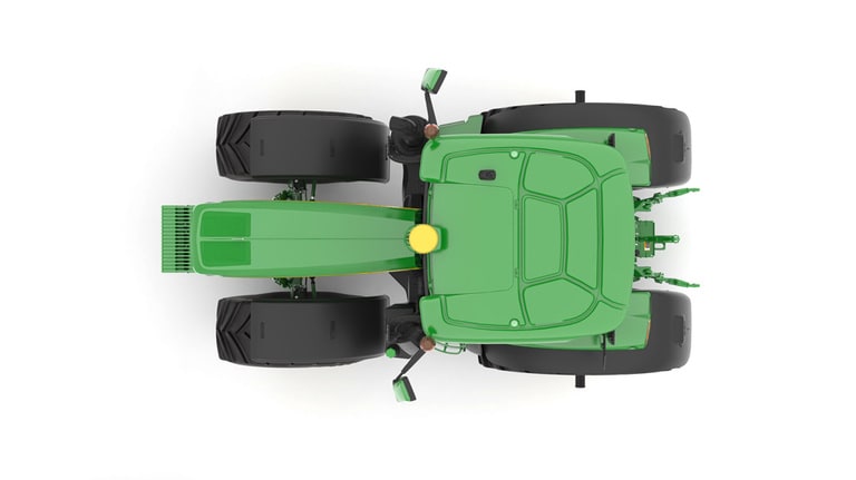 Studio image of the top view of a green 6R 250 Utility Tractor.