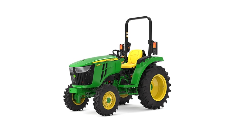 Tracteur compact 3035D vu de l'avant gauche sur fond blanc