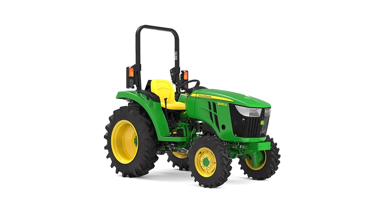 Tracteur compact 3035D vu de l'avant droit sur fond blanc