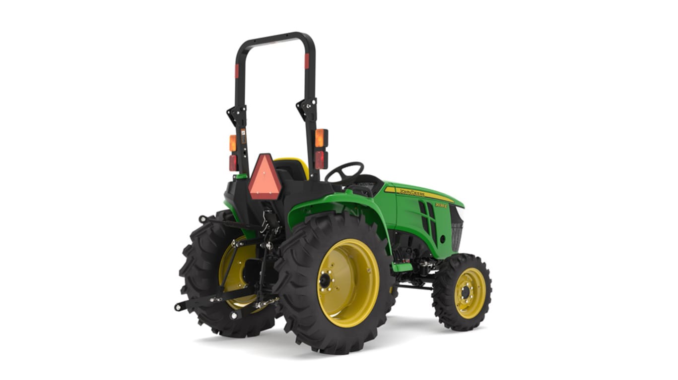 Rear-right facing 3038E Compact Tractor on a white background