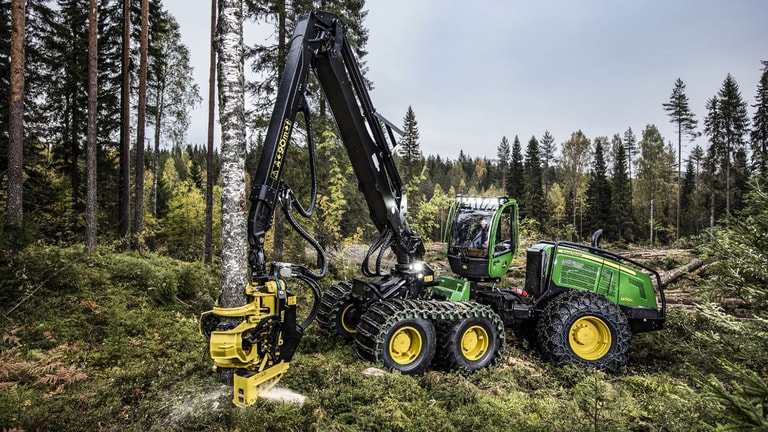 1470g wheeled harvester cutting tree trunks in forest