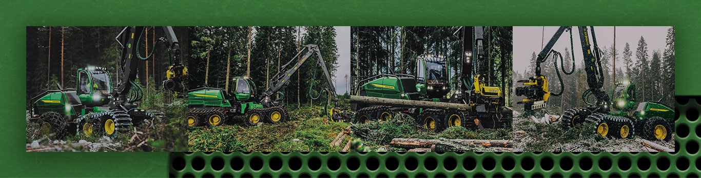 Image en collage de moissonneuses à roues John Deere travaillant dans les bois.