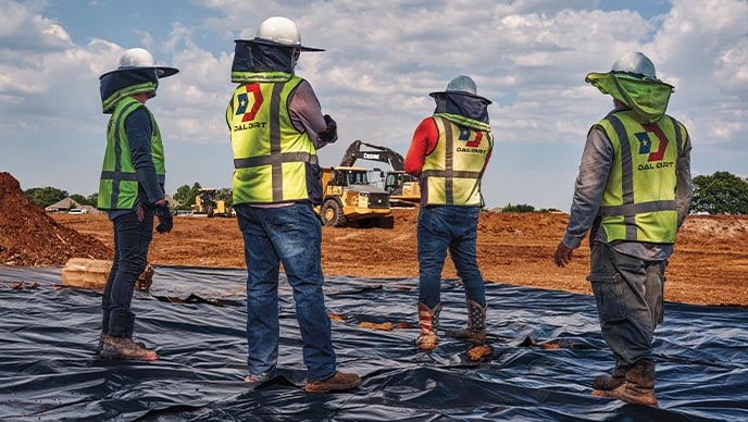 Quatre employés, le dos tourné vers la caméra, regardent une excavatrice 380G LC de John Deere, un camion articulé à benne basculante 460E et une niveleuse automotrice SmartGrade 872 GP travailler au déplacement de la terre.