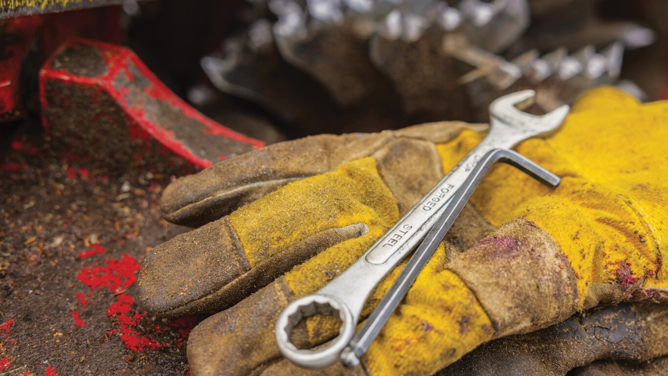A wrench sits on top of a pair of work gloves