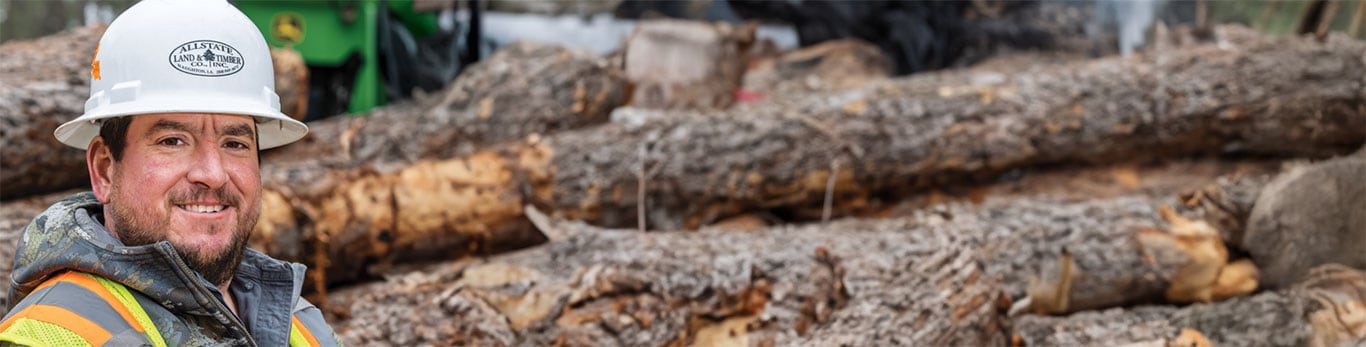 Smiling forest worker with white hardhat, behind is a wood log