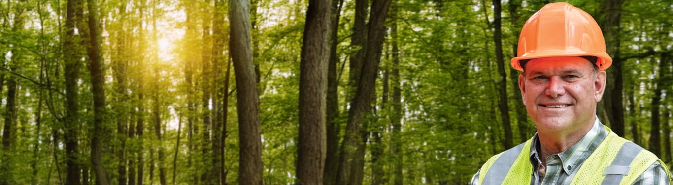 Person in hard hat and safety vest stands in forest with sunlight filtering through trees.
