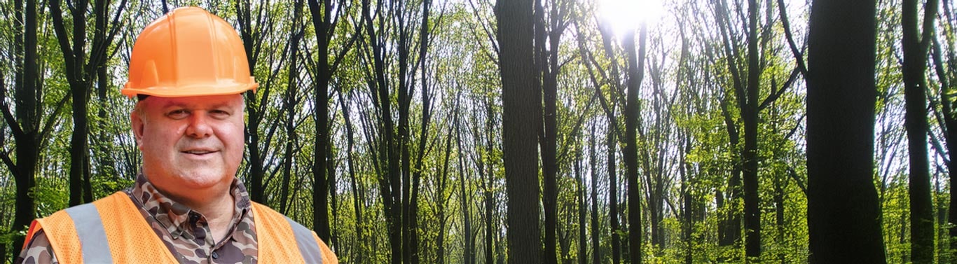 Person in orange hard hat and vest stands in sunlit forest with tall trees.