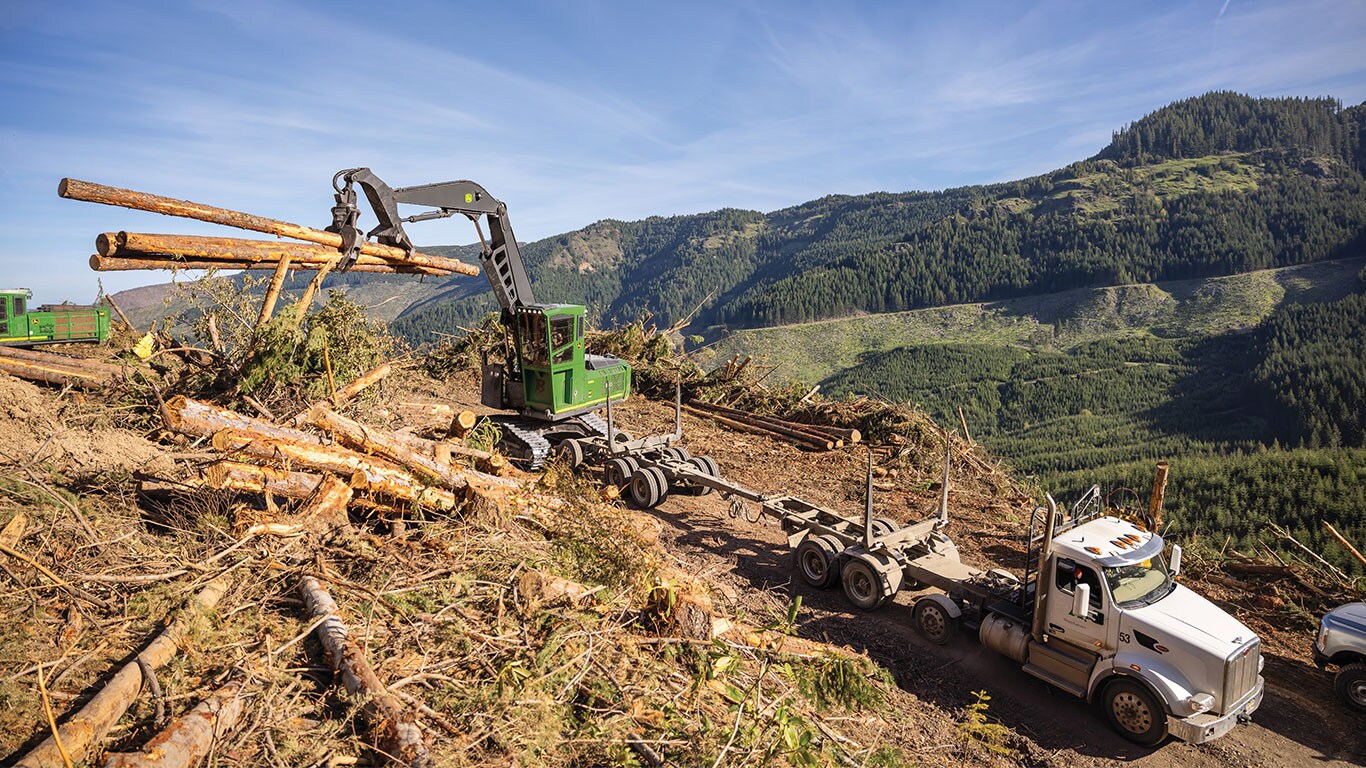 Une machine forestière charge des rondins sur un camion à flanc de coteau dégagé, entouré de montagnes densément boisées sous un ciel bleu clair.