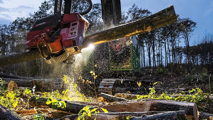 Une abatteuse-façonneuse chenillée 853MH de John Deere qui travaille dur sur la transformation des rondins à la jetée de Yoder Forest Products