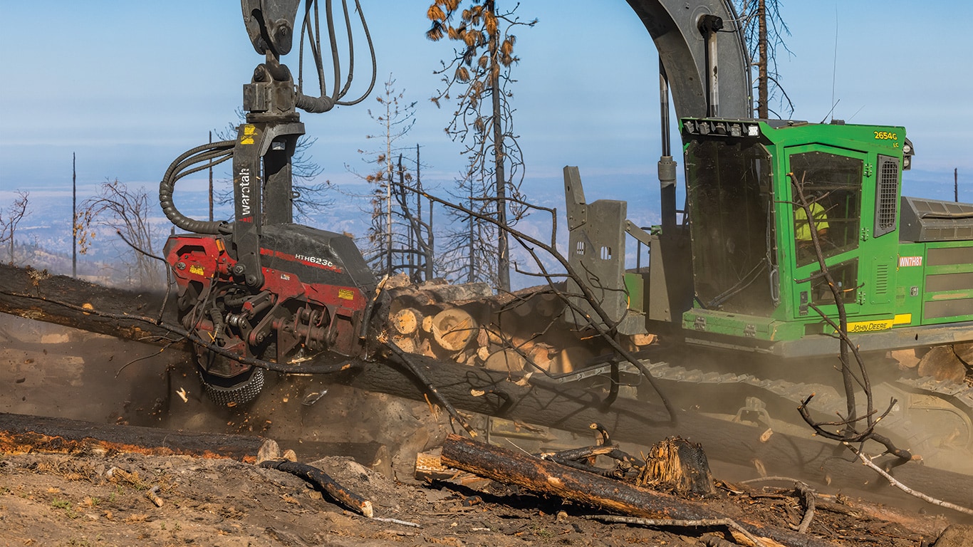 Lite On The Land’s 2654G Processor with a HTH623C Waratah Harvester head is processing logs at the landing site.