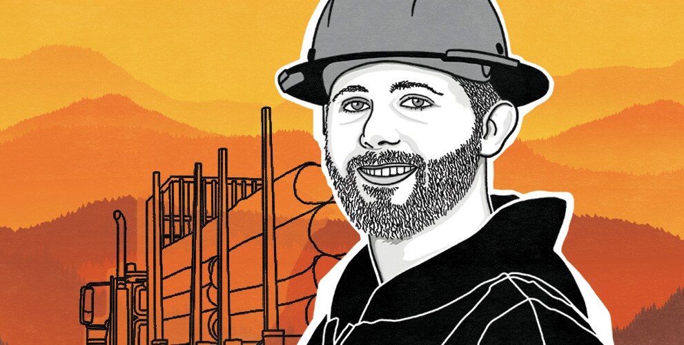 Illustration of Zachary Emerson near a log truck with a gradation of orange shapes in the background representing the fall trees of the hilly Vermont woods.