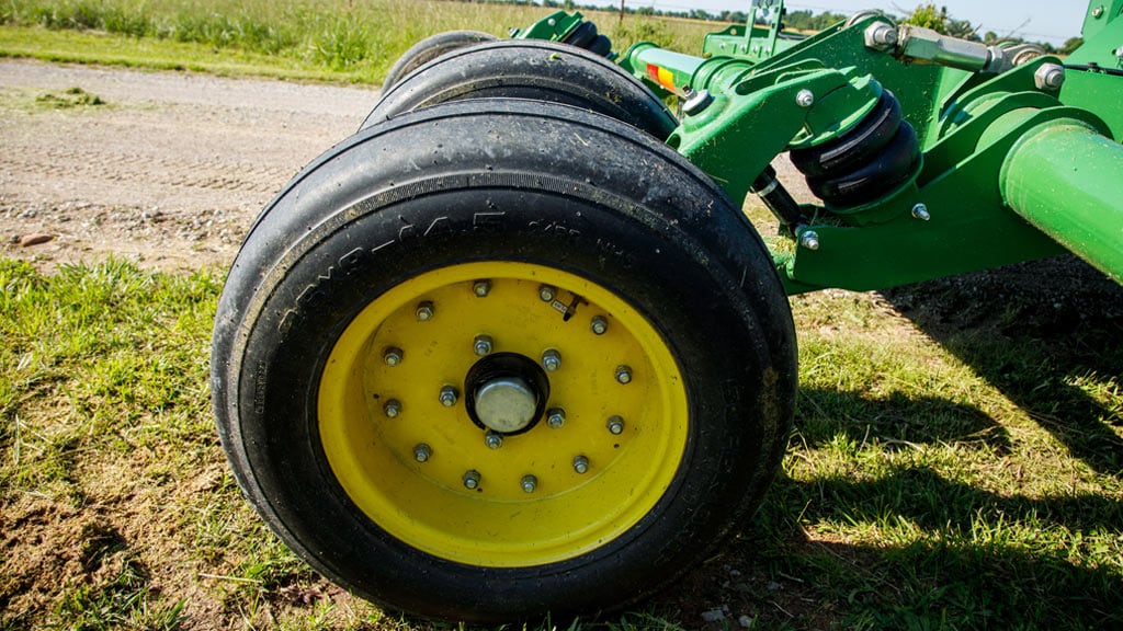 Close up view of the wheels of flex cutter series showing air springs