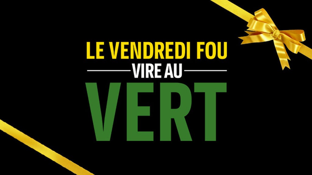 Texte indiquant « Le Vendredi fou devient vert » sur un fond noir avec des rubans dorés dans les coins.