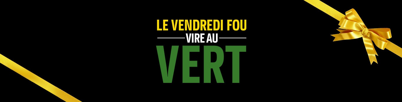 Texte indiquant « Le Vendredi fou devient vert » sur un fond noir avec des rubans dorés dans les coins.