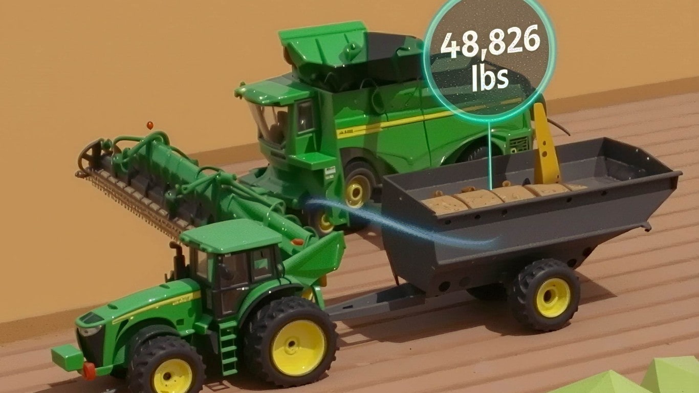 Illustrative view of combine in field pouring grain into a grain cart and showing the weight of the grain in the cart.