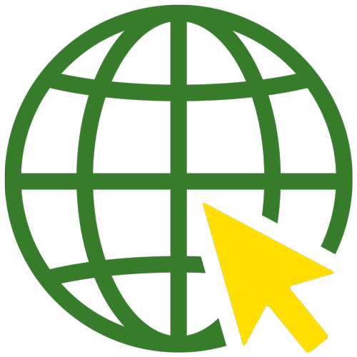 Icône de globe vert et jaune représentant la toile, sur lequel pointe une icône de pointeur de la souris