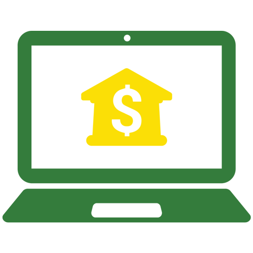 Green and yellow illustration of computer with a bank building icon and dollar sign in the screen