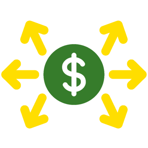 Illustration verte et jaune d'un symbole du dollar entouré de flèches pointant vers l'extérieur