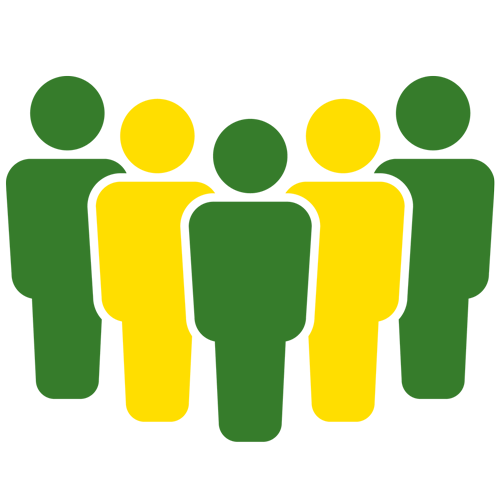 Illustration verte et jaune de cinq silhouettes humaines debout et formant un « V »