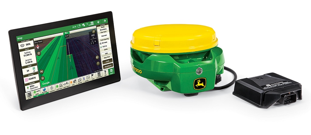 Système GPS John Deere avec afficheur à écran tactile, modem et récepteur.